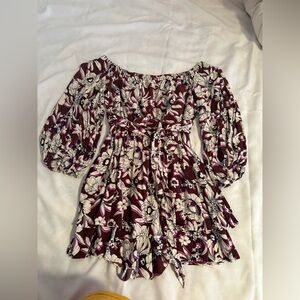 Express Burgundy Floral Off-Shoulder Dress with Cream Accents